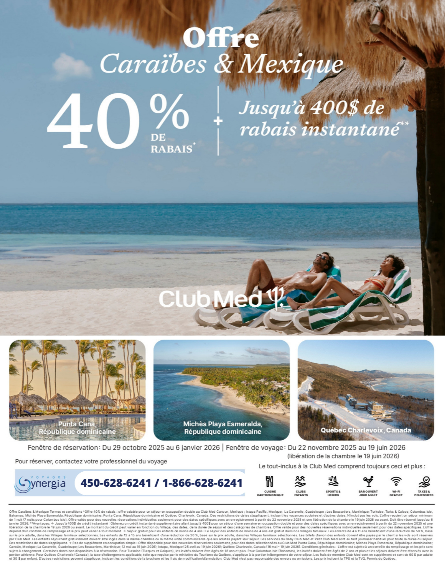 Promotions Club Med Offre Caraïbes et Mexique 40% de rabais + 400$ de rabais instantané avec Voyages Aqua Terra Mascouche