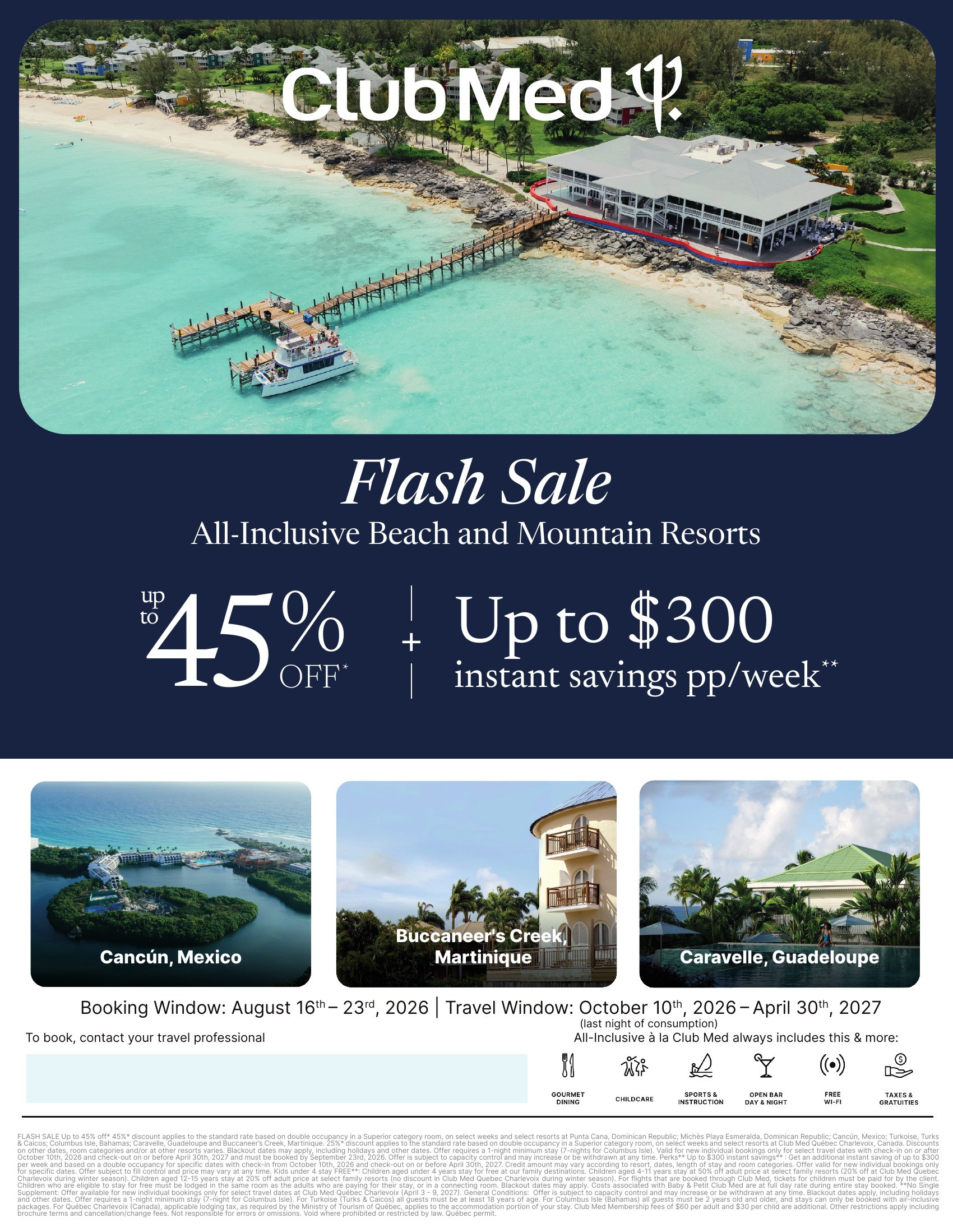 Club Med Flash Sale: up to 45% off and up to $300 instant savings at all-inclusive resorts, book by September 23, 2026, with Voyages Mascouche