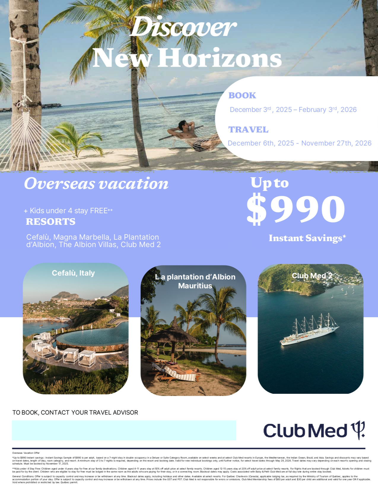 Club Med Promotions Overseas Vacation Up to 990$ Instant Savings off with Aqua Terra Travel Mascouche