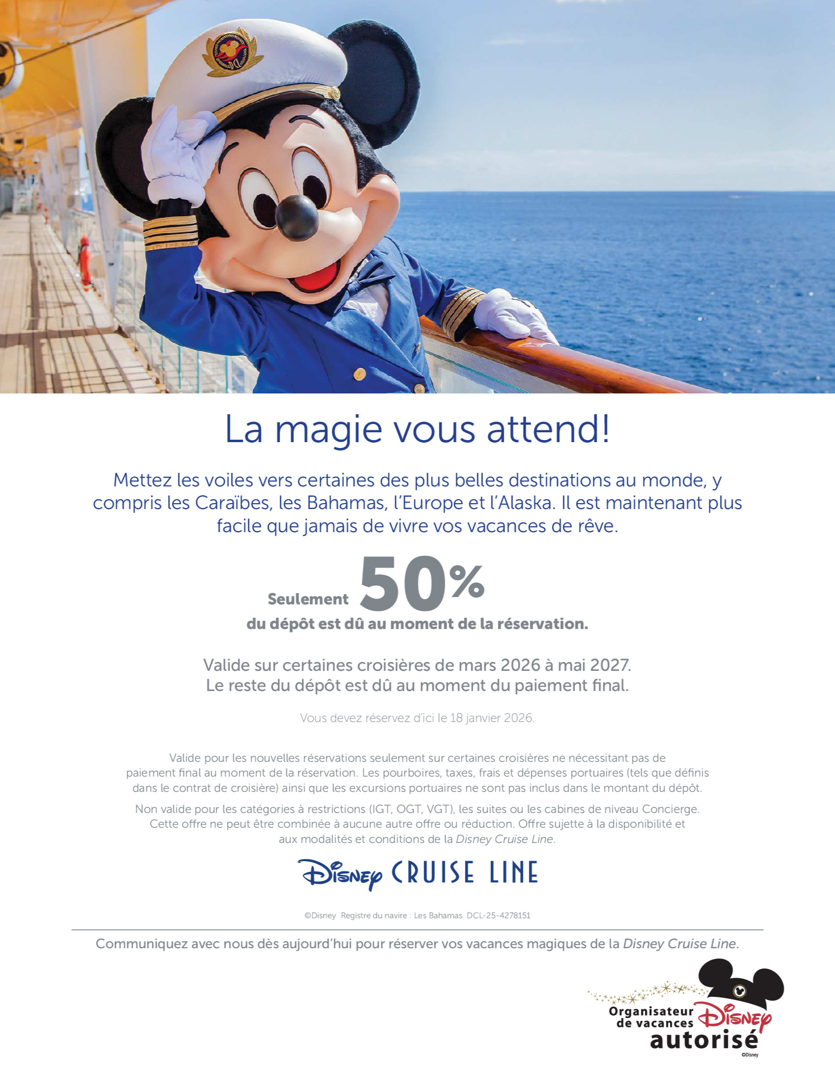 Promotion Disney Cruise Line : Seulement 50% de dépôt avec les Créateurs de Magie de Voyages Aquaterra Mascouche