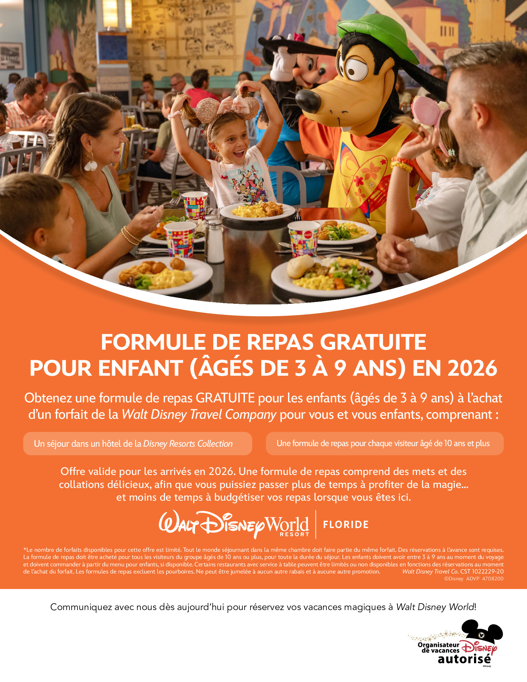 Walt Disney World Resort en Floride Formule de repas gratuite pour enfant avec Voyages Mascouche Créateurs de Magie
