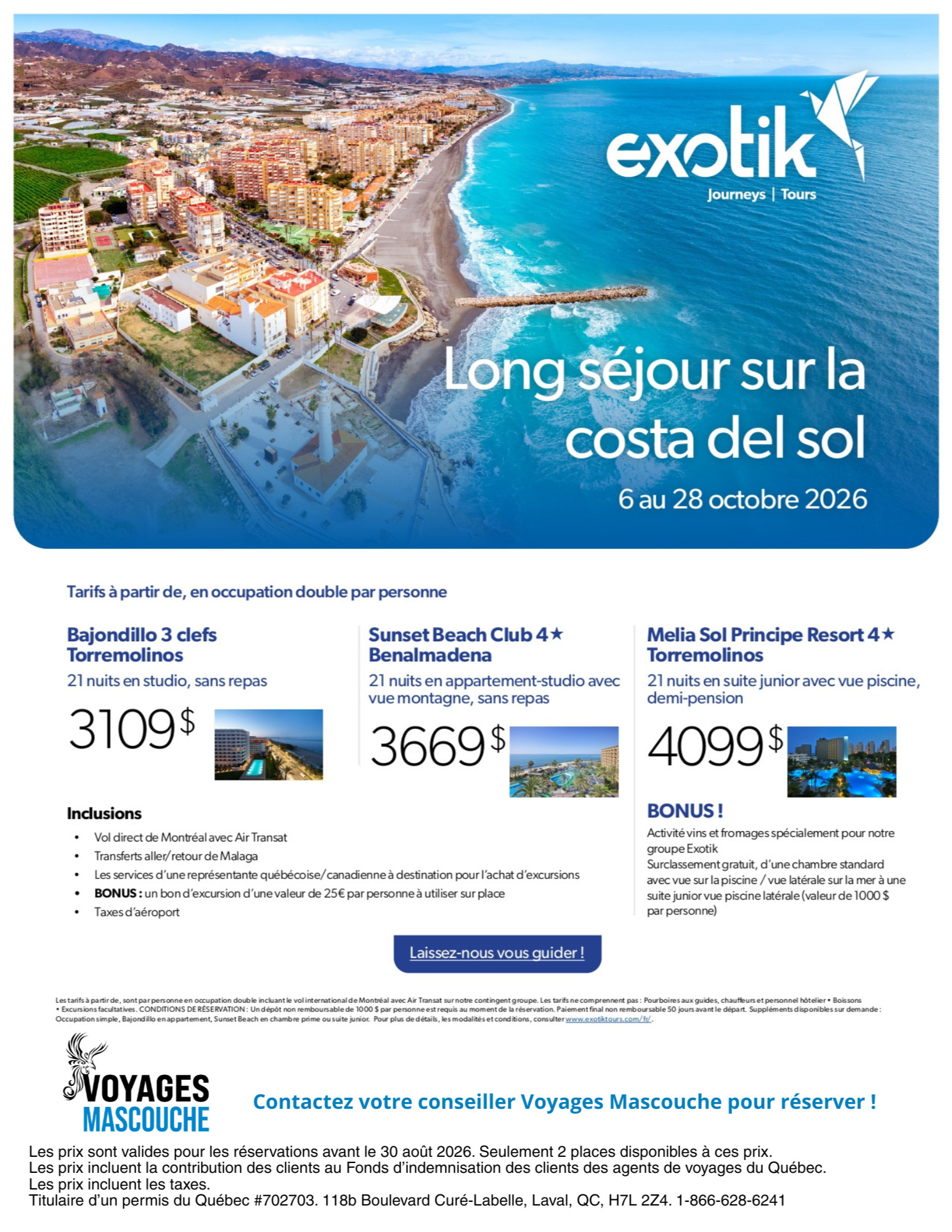 Promotion Exotik long séjour sur la costa del sol avec Voyages AquaTerra Mascouche