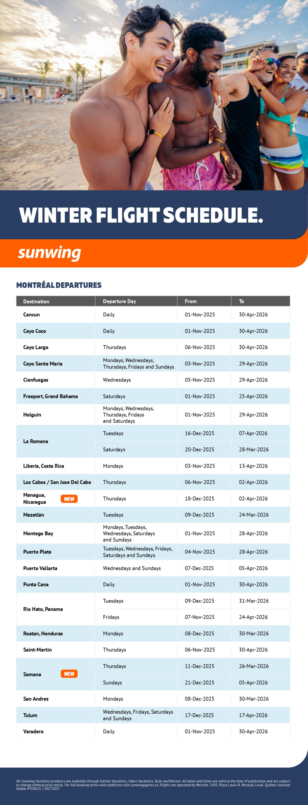 Sunwing Vacations winter flight schedule with Voyages Aqua Terra Mascouche