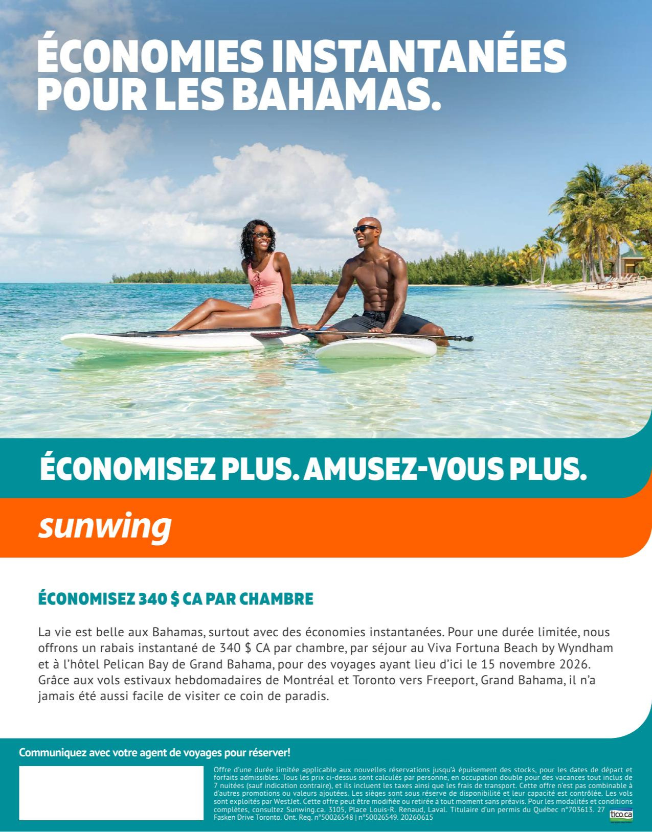 Promotion Sunwing Économies instantanées pour les Bahamas avec Voyages AquaTerra Mascouche