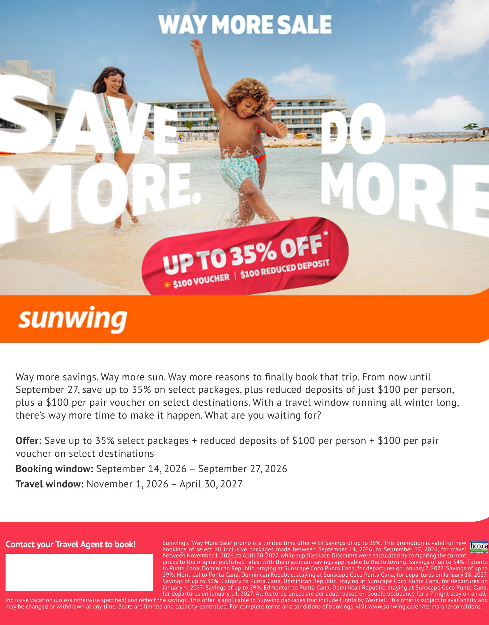 Sunwing Vacations Way More Sale: save up to 35% on select packages with a reduced deposit, book by September 27, 2026, with Voyages Mascouche