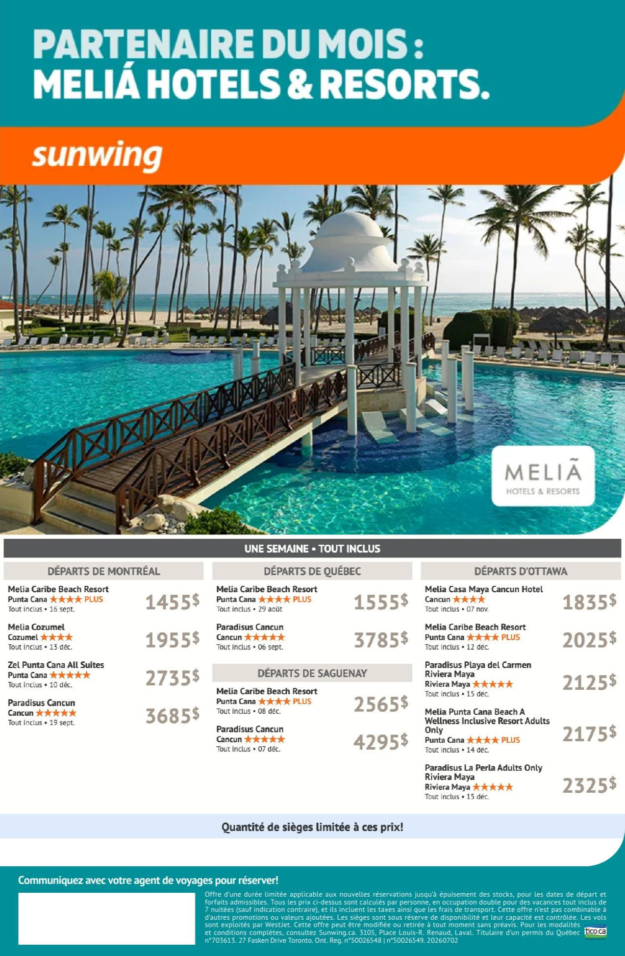 Promotion Sunwing partenaire du mois : Melia Hotels & Resorts avec Voyages AquaTerra Mascouche