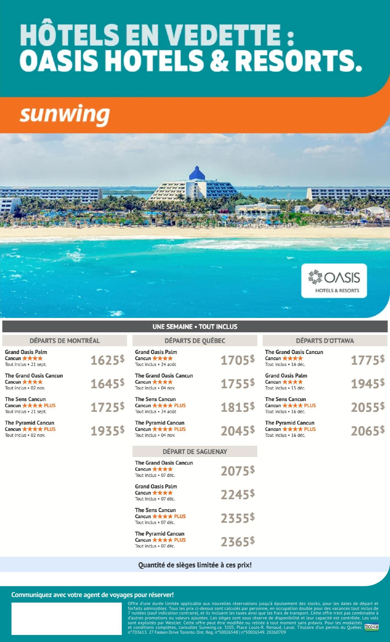 Promotion Sunwing Hotels en vedette : Oasis Hotels & Resorts avec Voyages AquaTerra Mascouche